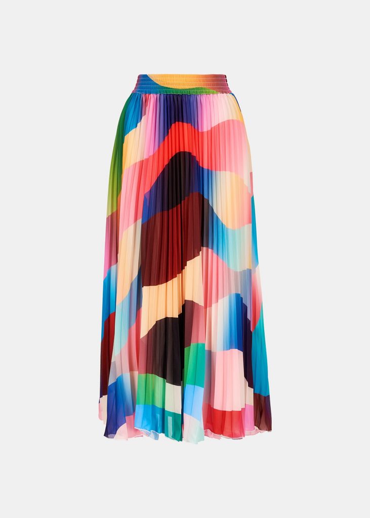 Multicolor graphic print plissé midi skirt