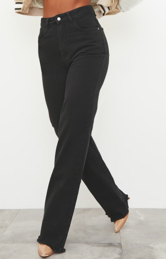 WASHED BLACK FRAYED HEM WIDE LEG JEANS