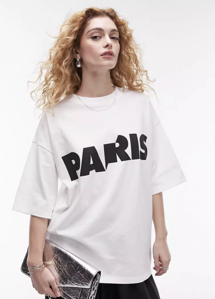Topshop graphic Paris oversized drop shoulder tee in white