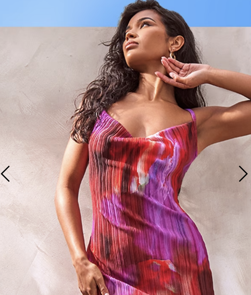 Pink Abstract Print Plisse Strappy Maxi Dress. Image Source: Pretty Little Thing