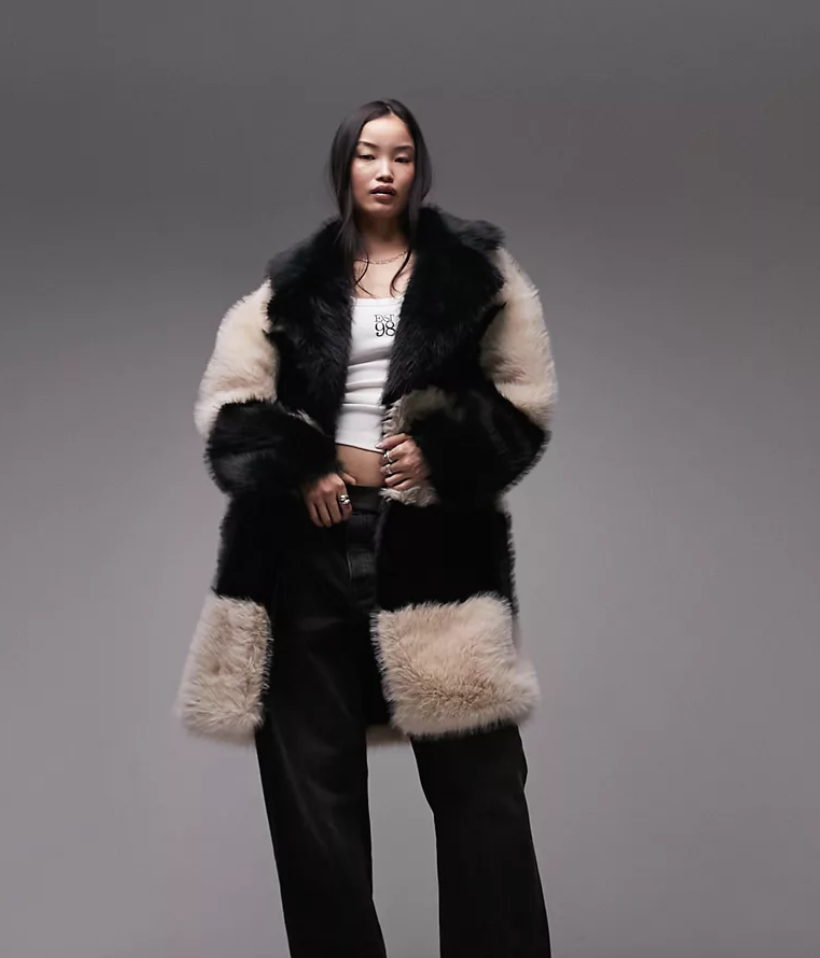 Topshop long-line faux fur coat in mono stripe