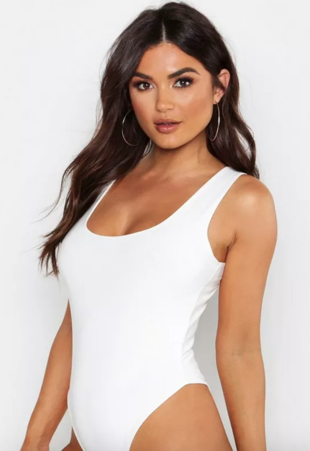 WHITE SLINKY DOUBLE LAYER SCOOP SLEEVELESS BODYSUIT
