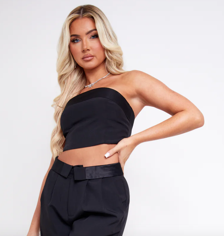 Kaysie Black Satin Fold Over Bandeau Top