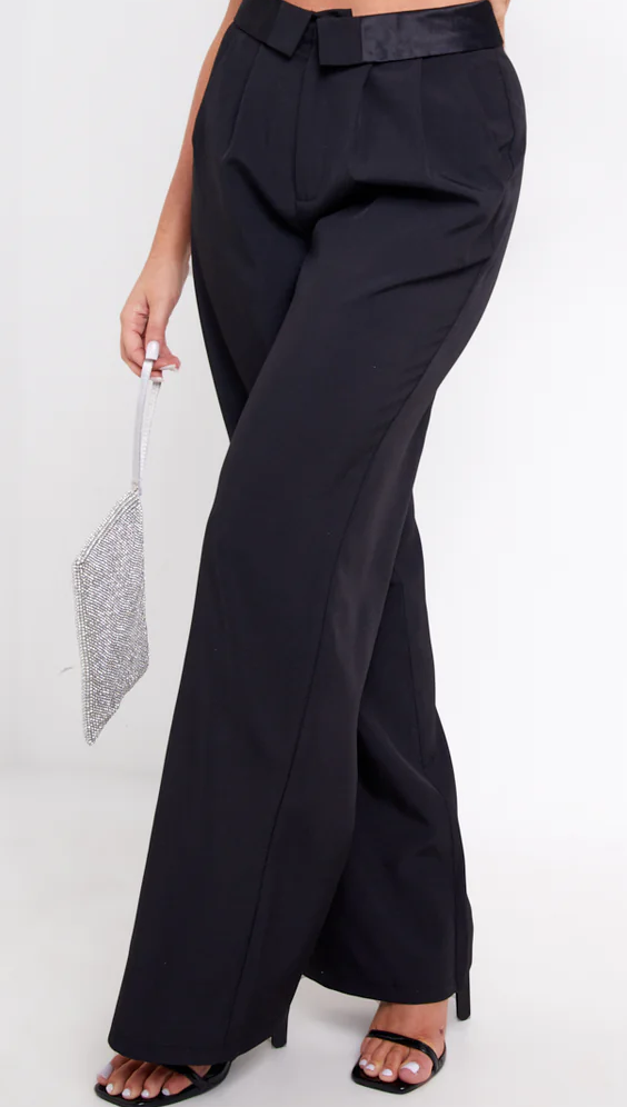 Gracie Black Satin Fold Over Waist Wide Leg Trousers