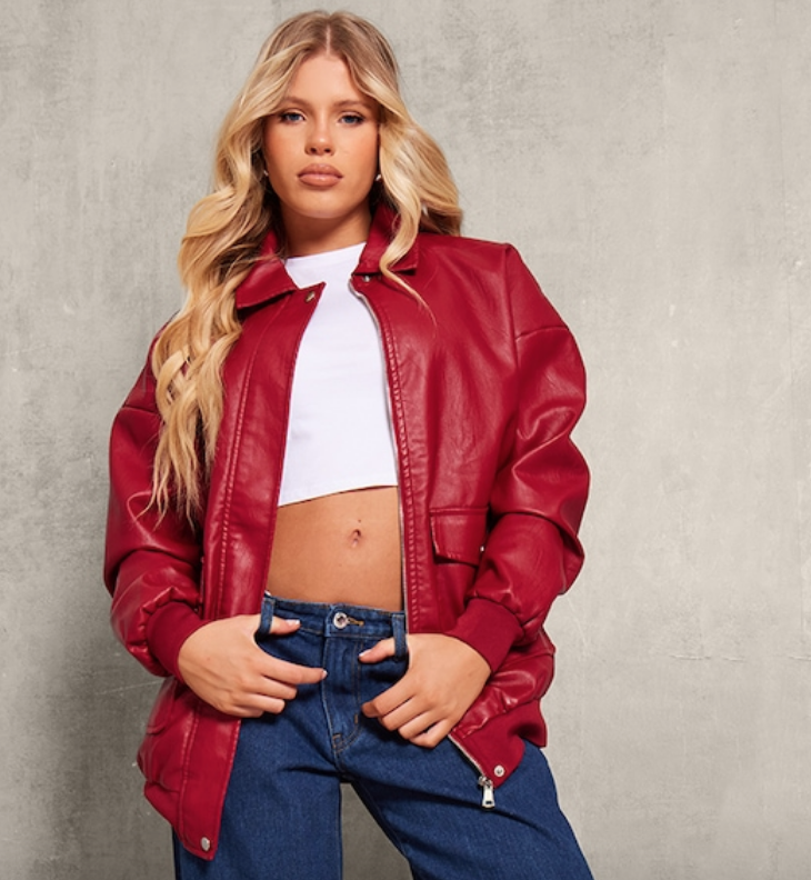 Cherry Red Textured Faux Leather Pocket Front Bomber Jacket