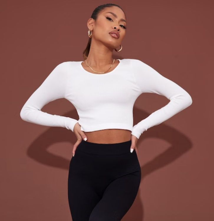 White Structured Contour Ribbed Round Neck Long Sleeve Crop Top