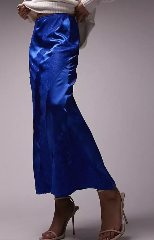 Topshop premium lace satin midi skirt in cobalt