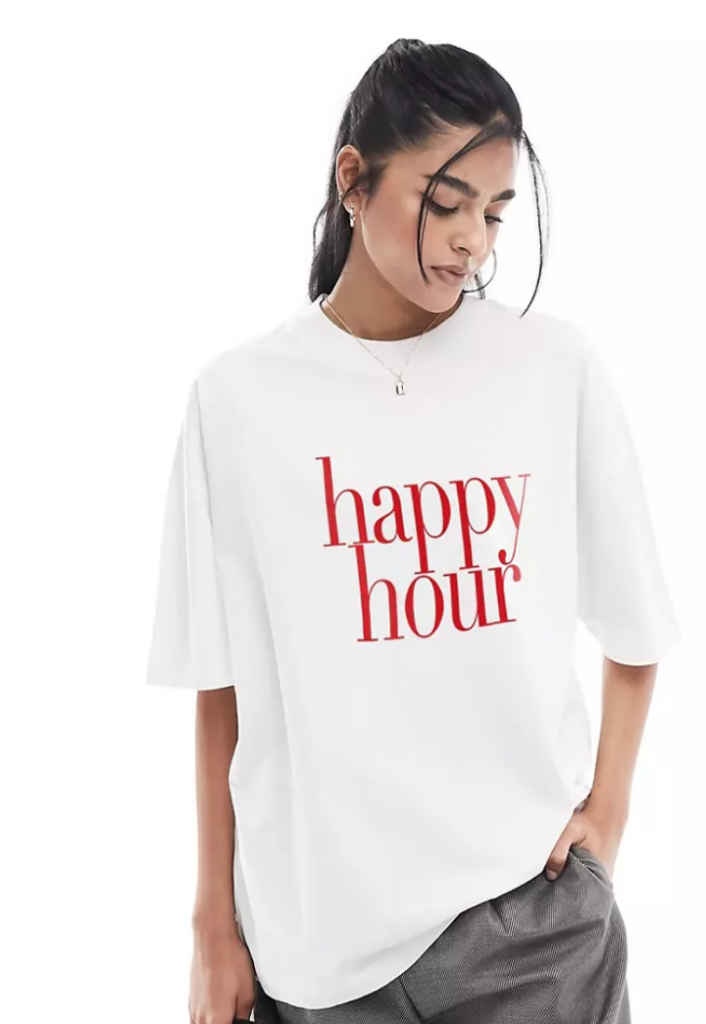 ASOS DESIGN heavyweight boyfriend fit t-shirt with happy hour graphic in white