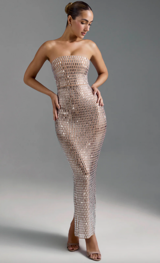 Embellished Bandeau Maxi Dress in Almond