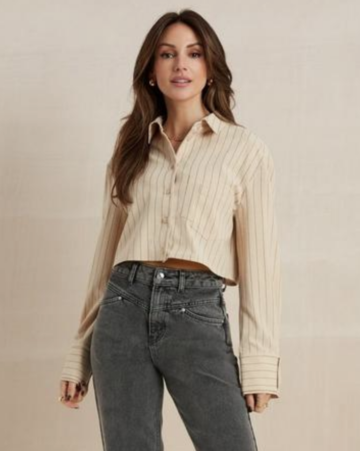 Camel Stripe Cropped Shirt - Camel/White