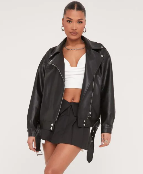 ZIP BELT DETAIL OVERSIZED BIKER JACKET IN BLACK FAUX LEATHER