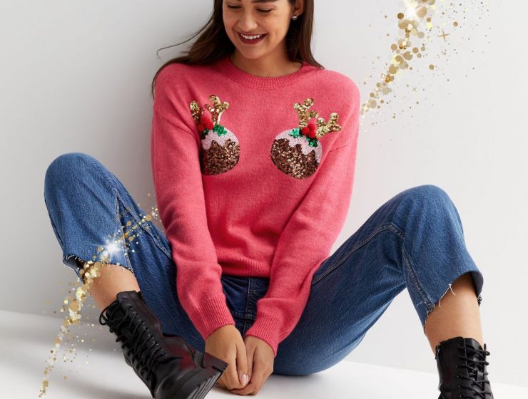 Pink Sequin Embellished Christmas Puddings Jumper
